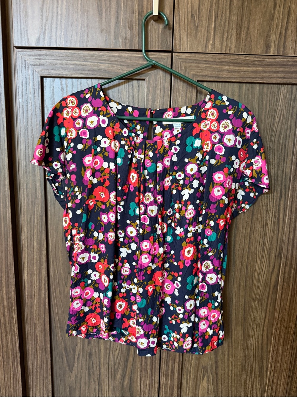 Boden Floral Silk Blend Short-Sleeve Blouse with Pink, Red & Teal Accents